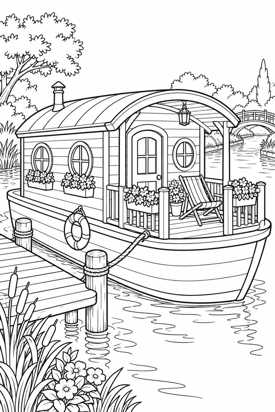 A flower-filled houseboat with round windows and a porch chair is tied to a dock on a calm canal.