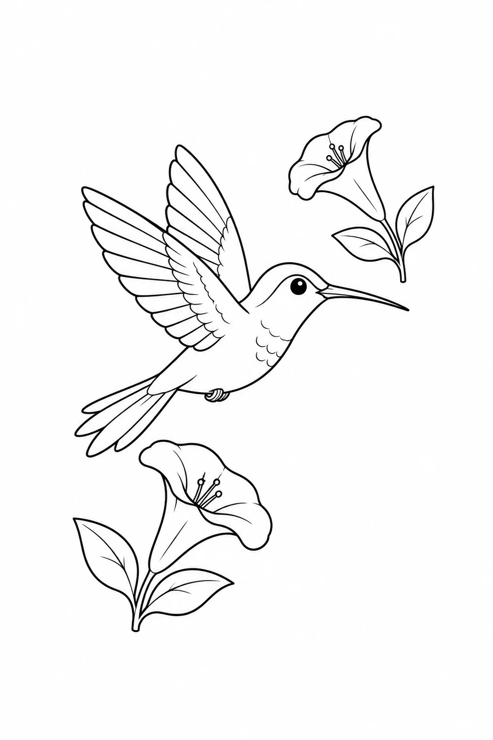 Hummingbird flying between two trumpet-shaped flowers, each with a short stem and two leaves.