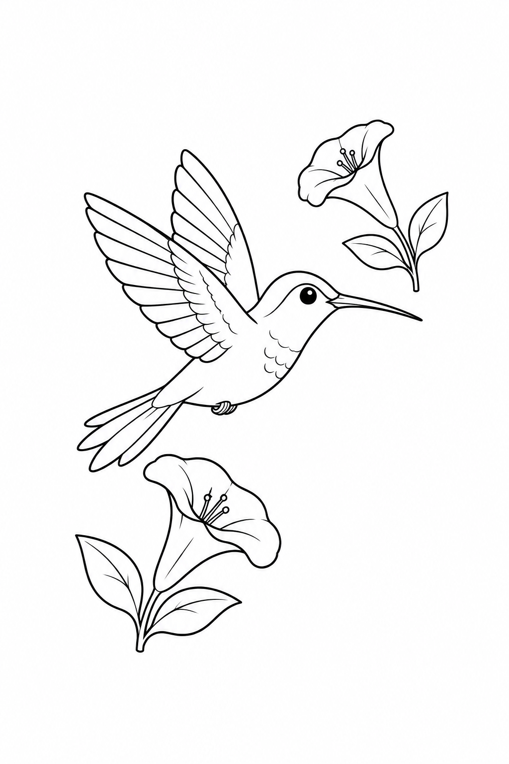 Hummingbird flying between two trumpet-shaped flowers, each with a short stem and two leaves.
