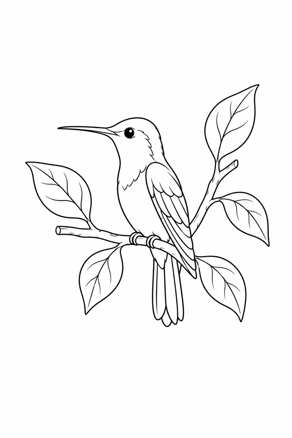 Hummingbird with folded wings perched at a twig fork among five leaves.