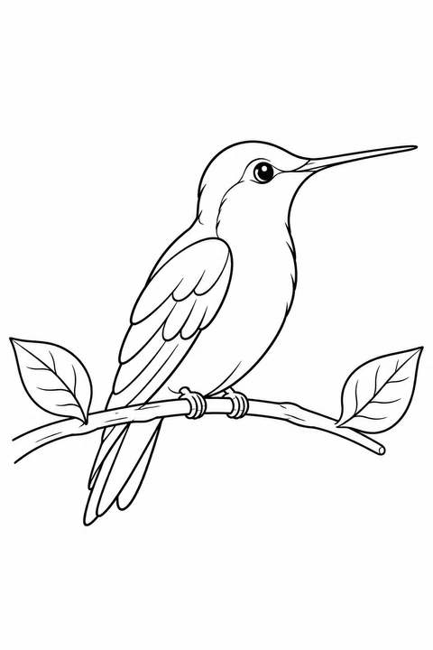 Hummingbird perched on a curved twig with a folded wing and a leaf at each end.