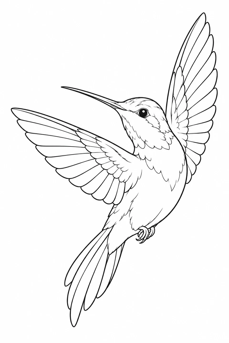 Hummingbird with an upward-pointing bill, unevenly spread wings and a long downward tail.