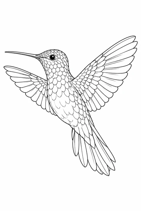 Left-facing hummingbird with widely spread wings and many small overlapping feather sections.