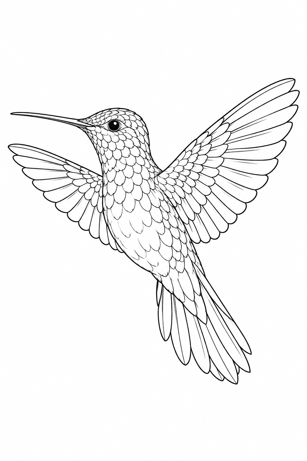 Colibrì rivolto a sinistra con ali molto aperte e numerose piccole piume sovrapposte.