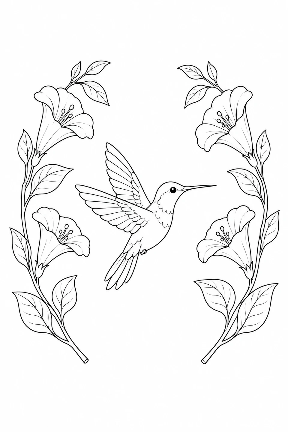 Hummingbird flying between two curving branches with four trumpet-shaped flowers.