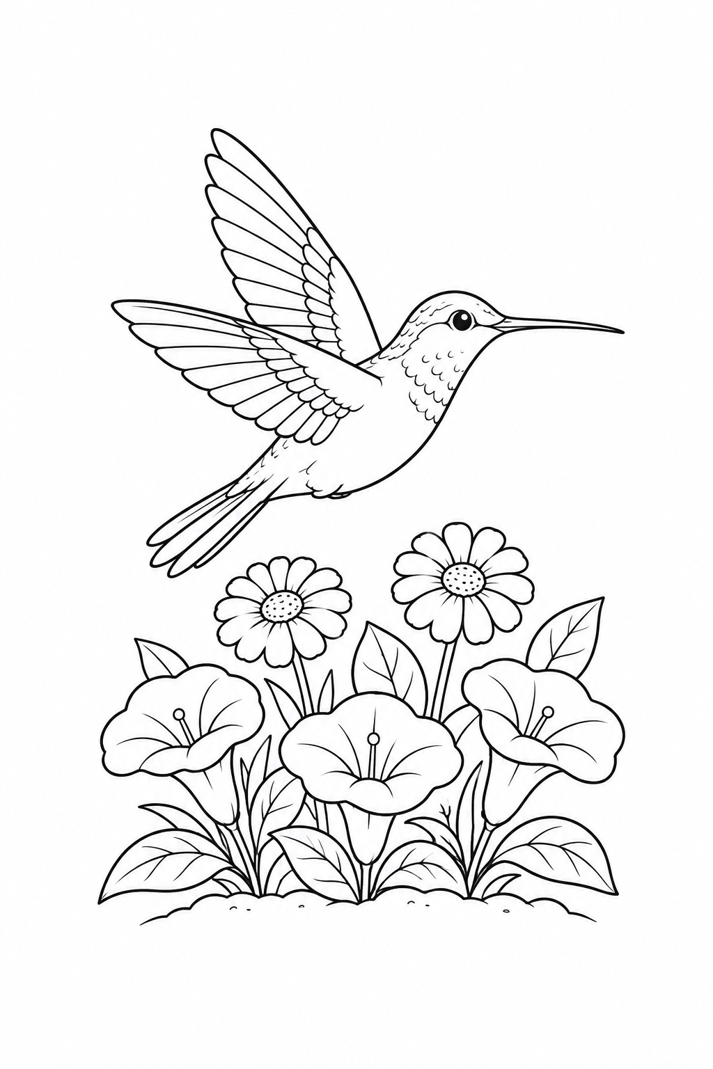 Hummingbird flying above three trumpet-shaped flowers and two round blooms.