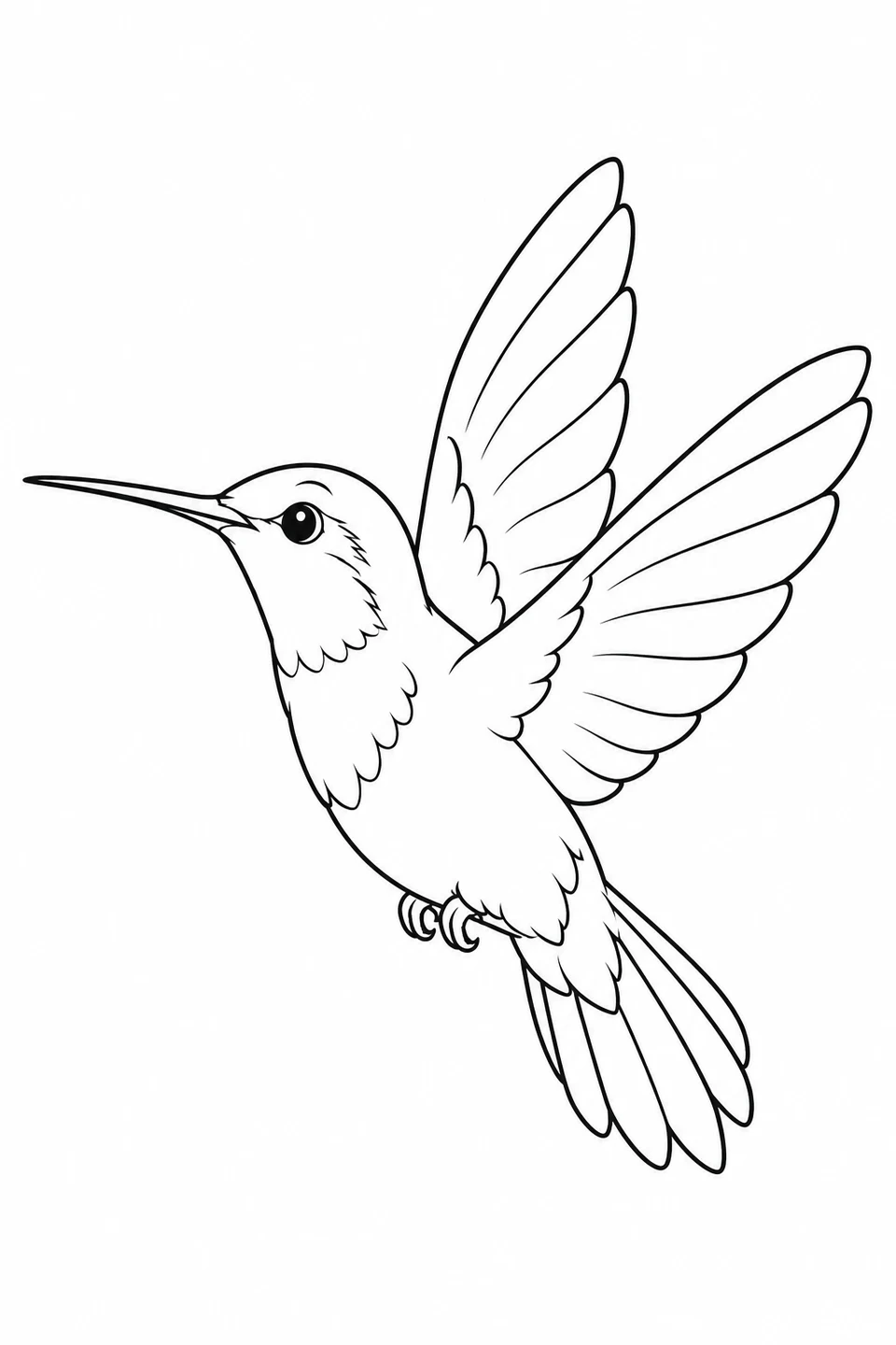 Hummingbird facing left with two raised wings and a long tail.