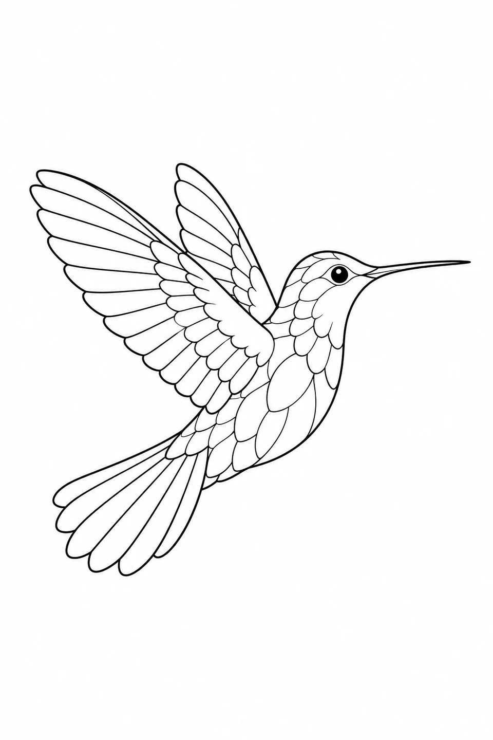 Right-facing hummingbird with overlapping feather sections and two raised wings.