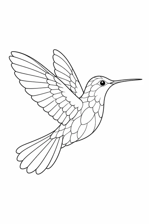 Right-facing hummingbird with overlapping feather sections and two raised wings.