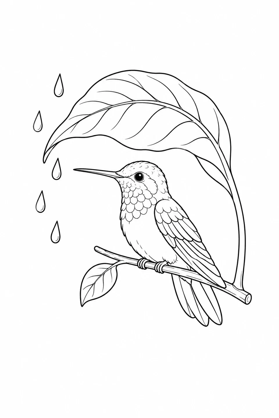 Hummingbird perched beneath a broad leaf with five raindrops to the left.