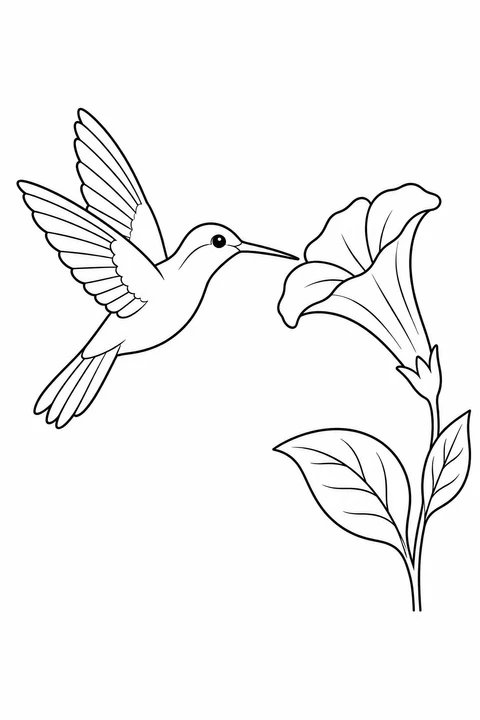 Flying hummingbird beside a trumpet-shaped flower with two broad leaves.