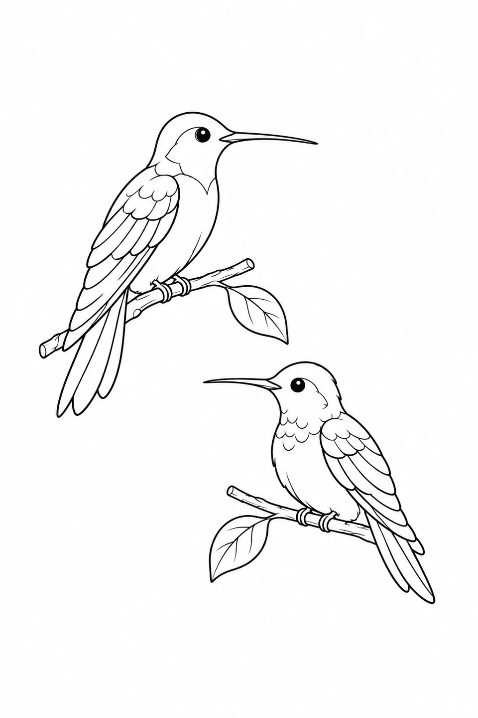 Two hummingbirds facing each other from separate leafy twigs at different heights.