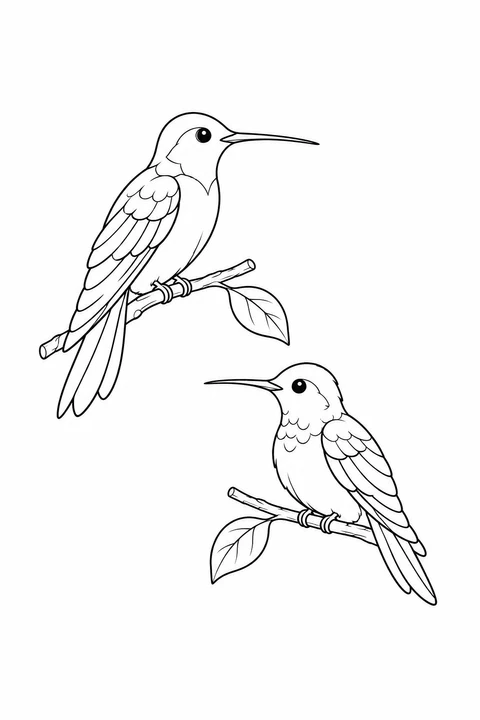 Two hummingbirds facing each other from separate leafy twigs at different heights.