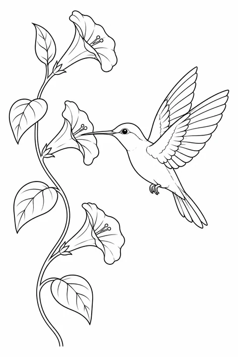 Hummingbird facing a curved vine with three trumpet-shaped flowers and three leaves.