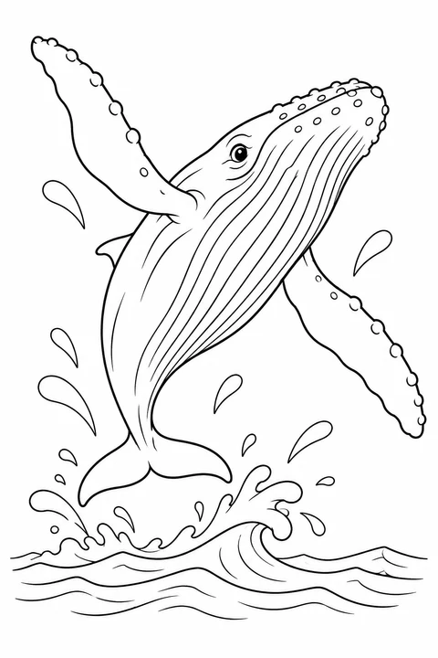 A humpback whale leaps above curling waves with outstretched flippers and splashing droplets.