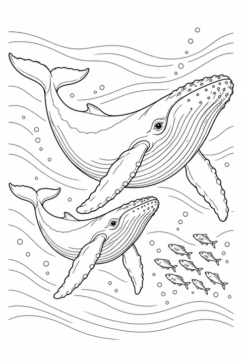 A mother humpback and her calf swim through flowing water beside a school of small fish.