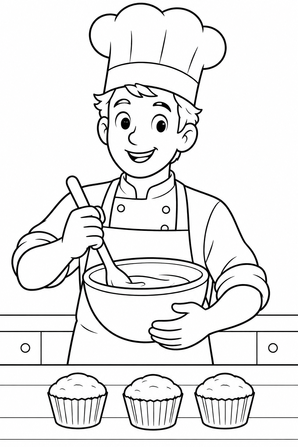 Ein lächelnder Koch rührt in einer Schüssel hinter einer Arbeitsplatte mit drei kleinen Kuchen.