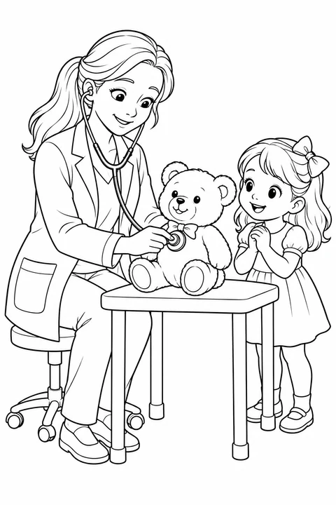 A doctor uses a stethoscope to examine a teddy bear while a girl watches.