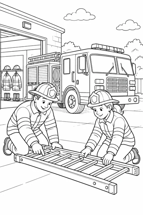 Firefighters Checking a Ladder