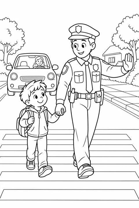 Police Officer Helping a Child Cross
