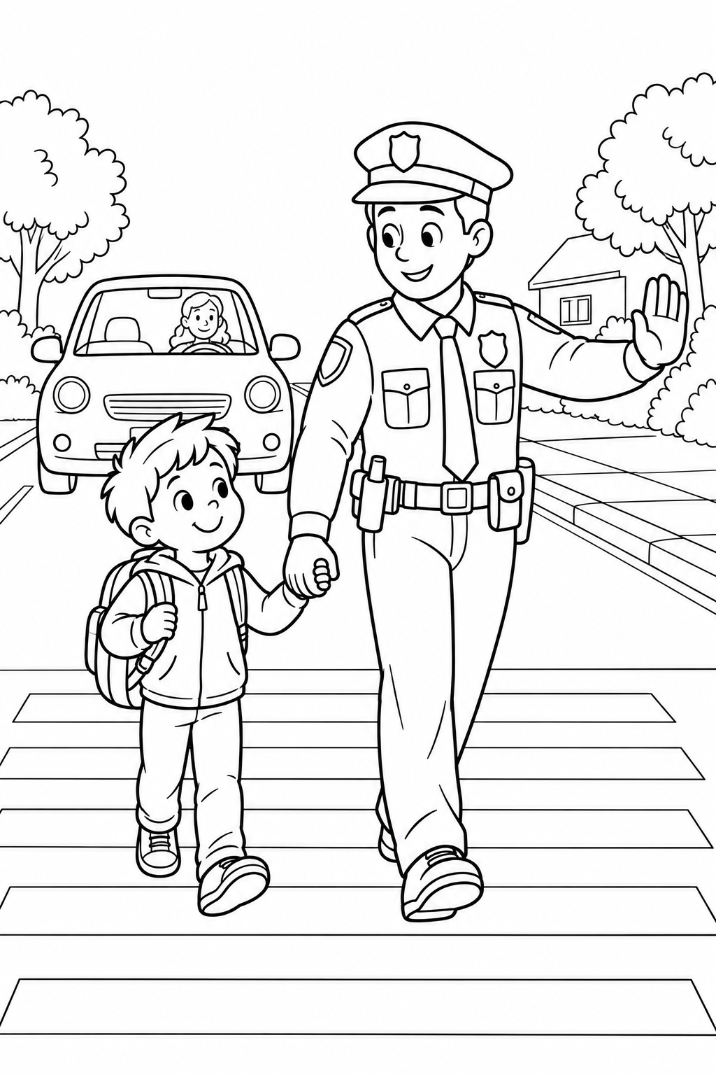 Police Officer Helping a Child Cross