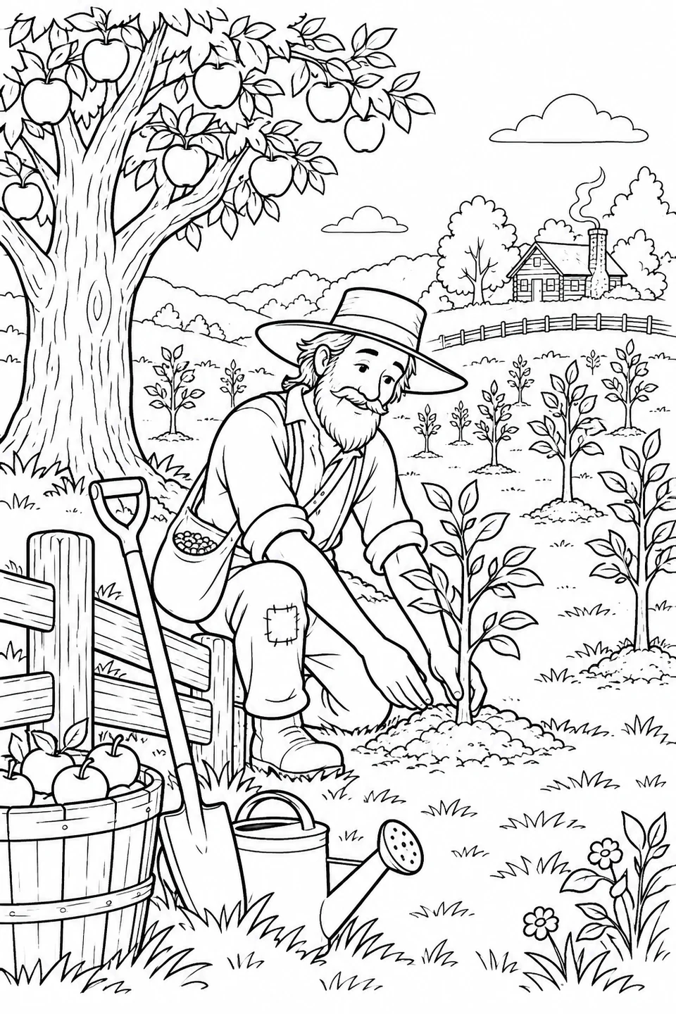 Johnny Appleseed pflegt junge Apfelbäume in einer eingezäunten Baumschule.