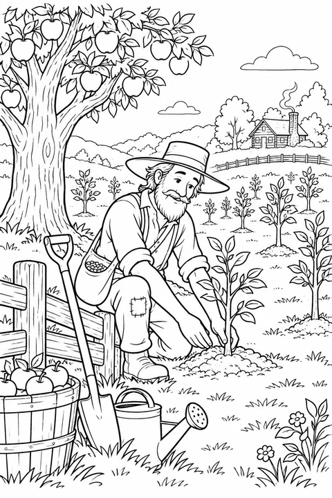 Johnny Appleseed pflegt junge Apfelbäume in einer eingezäunten Baumschule.