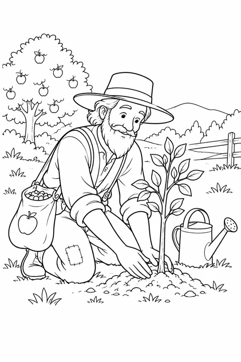 Johnny Appleseed kniet neben einem jungen Baum und Gartenzubehör.