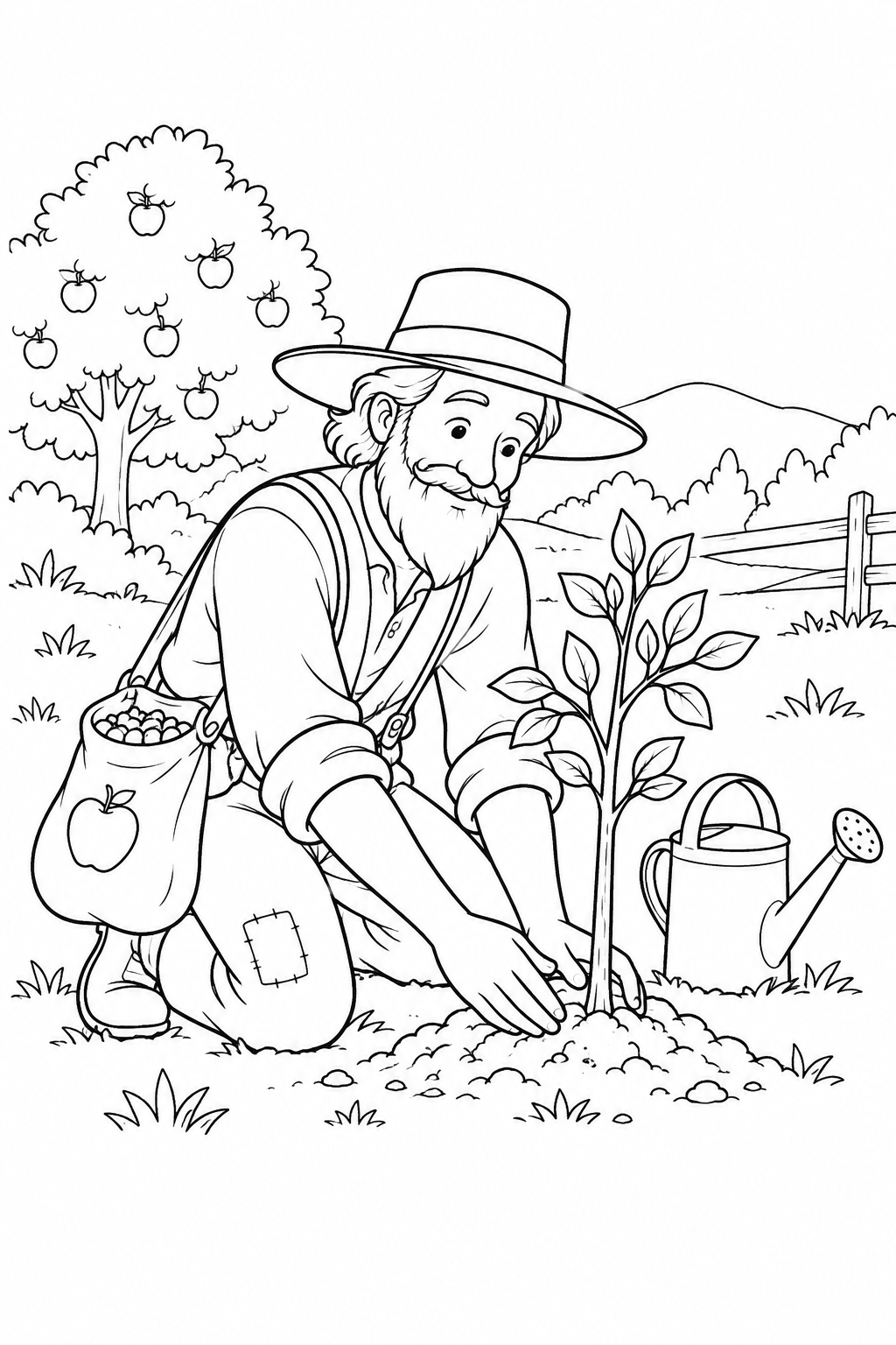 Johnny Appleseed kniet neben einem jungen Baum und Gartenzubehör.