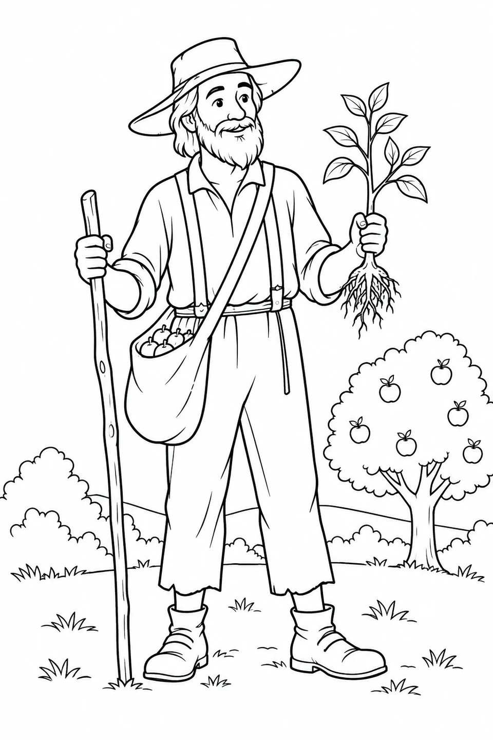 Johnny Appleseed hält in einer Bilderbuchszene einen jungen Apfelbaum.