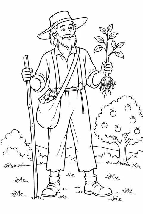 Johnny Appleseed hält in einer Bilderbuchszene einen jungen Apfelbaum.