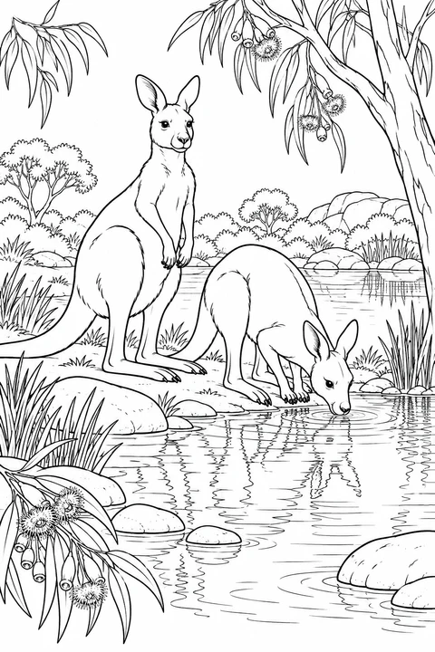 Two kangaroos rest beside a waterhole framed by eucalyptus and reeds.