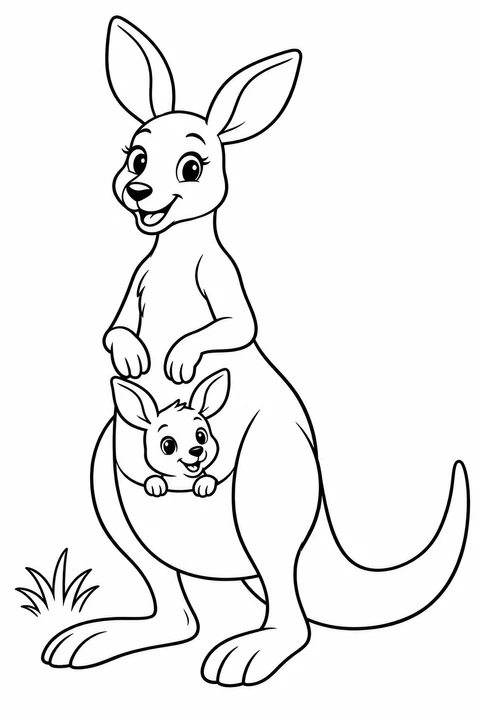 A joey peeks from its mother's pouch above her large hind feet.