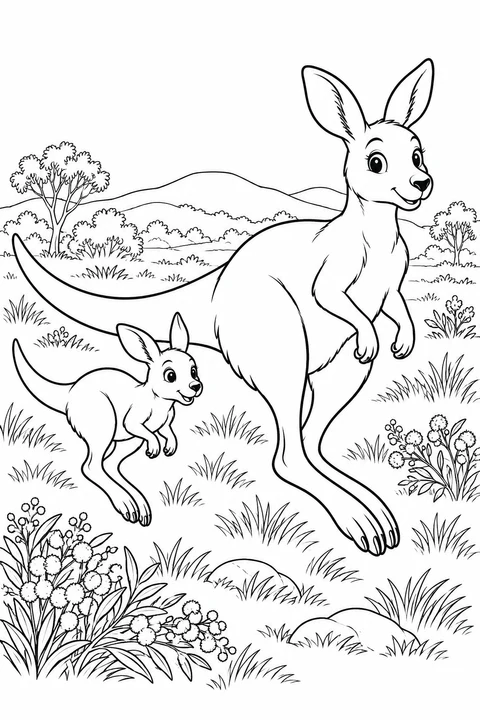 A kangaroo and joey leap through grass and flowering shrubs.