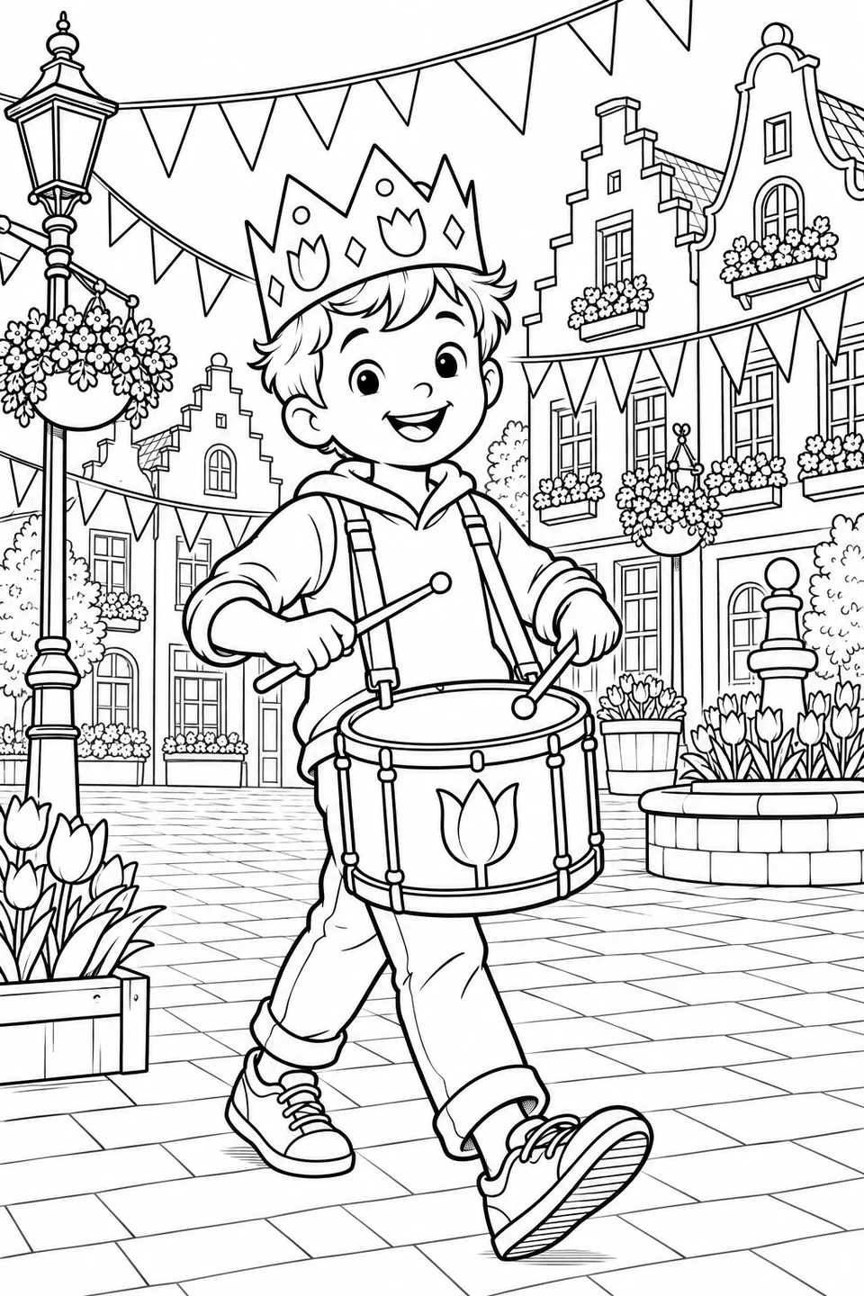 A boy in a paper crown walks across a festive Dutch square playing a drum with a tulip design.