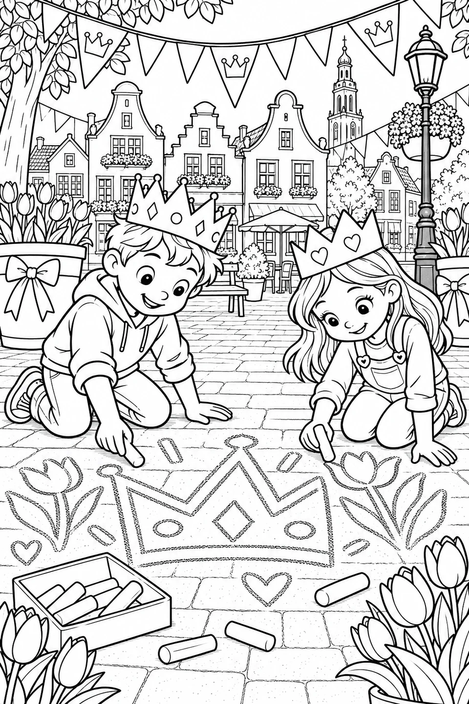 Un garçon et une fille coiffés de couronnes en papier dessinent une grande couronne et des tulipes à la craie dans une cour décorée de fanions.