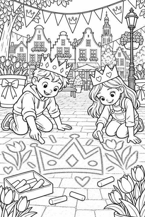 A boy and girl in paper crowns draw a large crown and tulips with chalk in a courtyard beneath festive bunting.