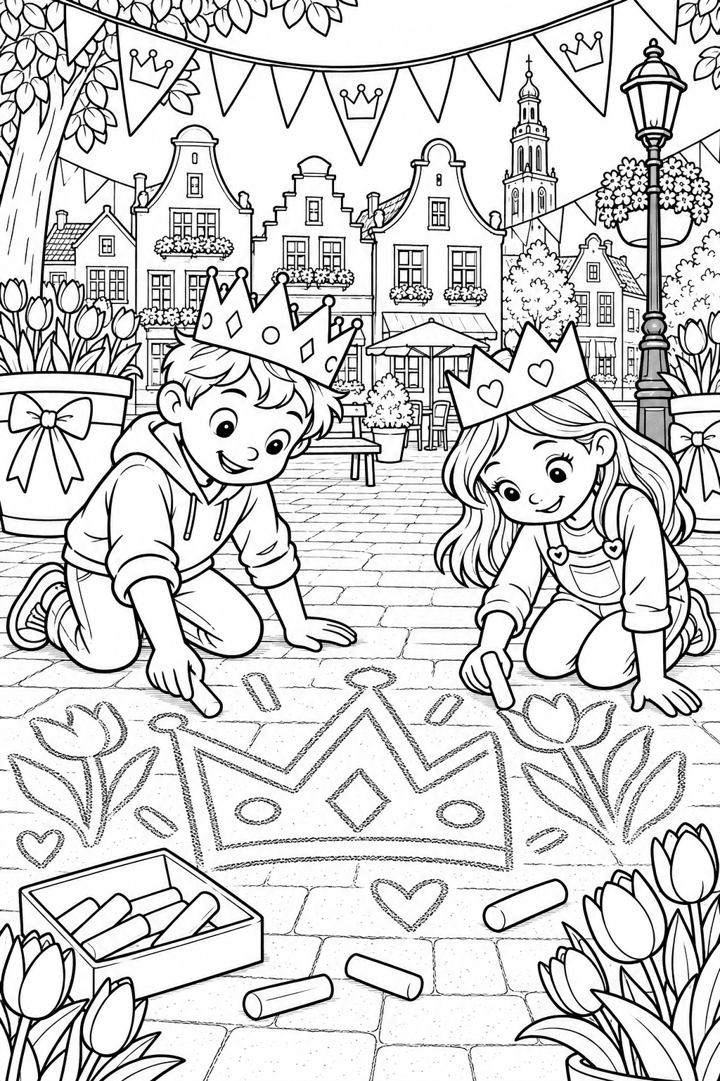 Een jongen en een meisje met papieren kronen tekenen een grote kroon en tulpen met stoepkrijt op een plein onder feestelijke vlaggetjes.