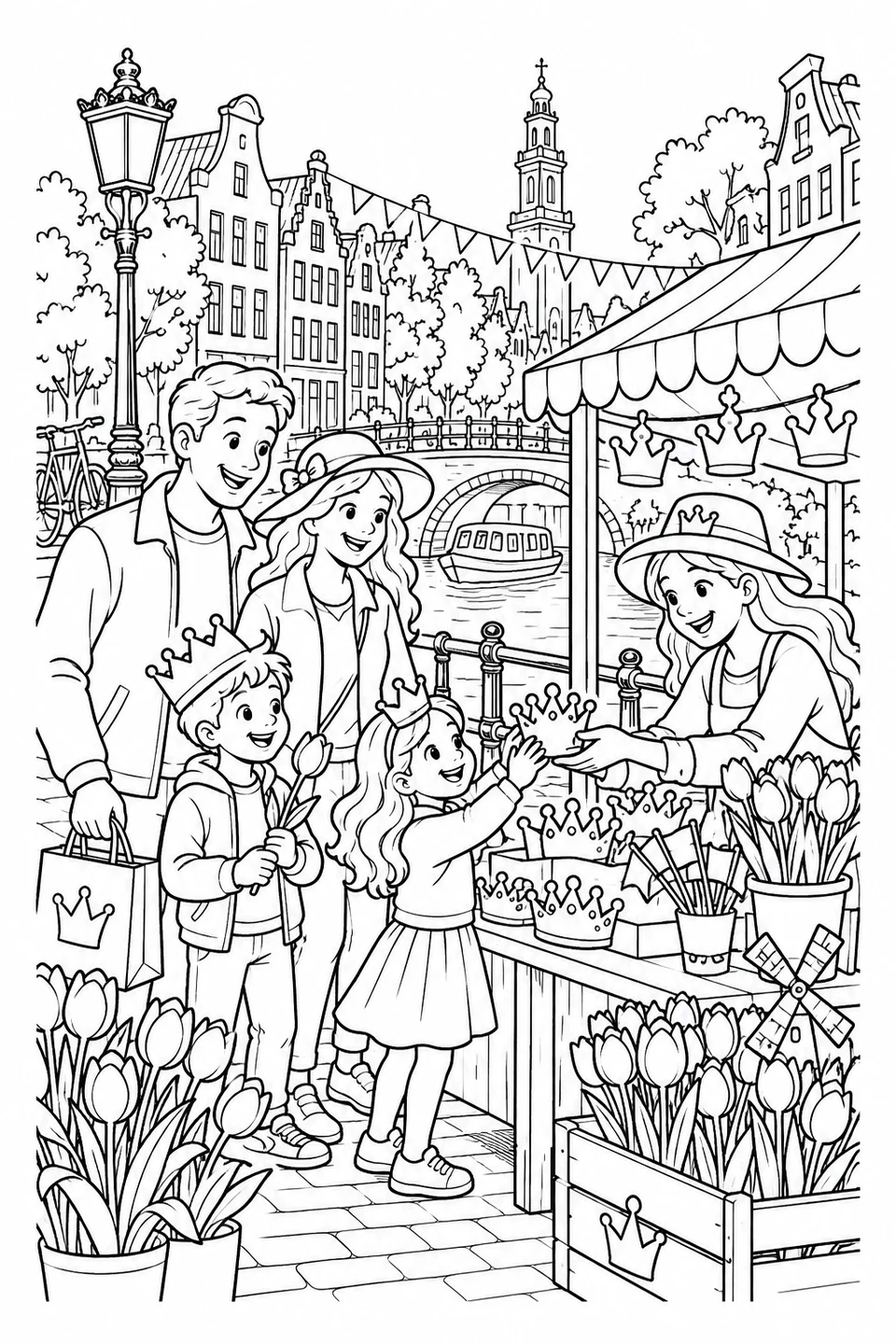 King’s Day Canal Market, printable black-and-white coloring illustration.