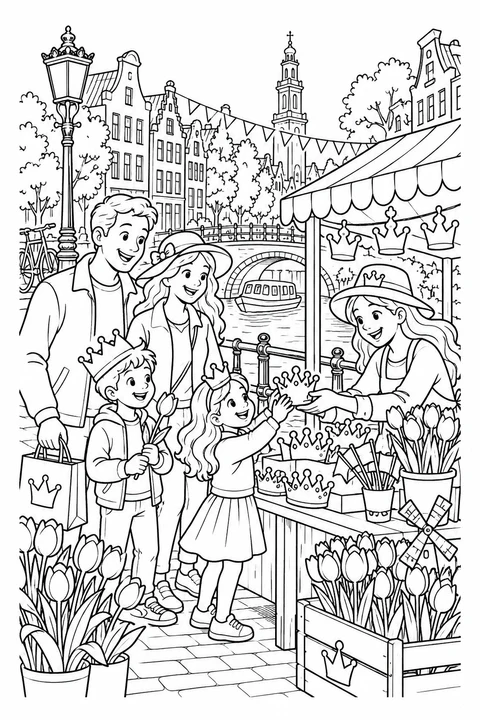 King’s Day Canal Market, printable black-and-white coloring illustration.