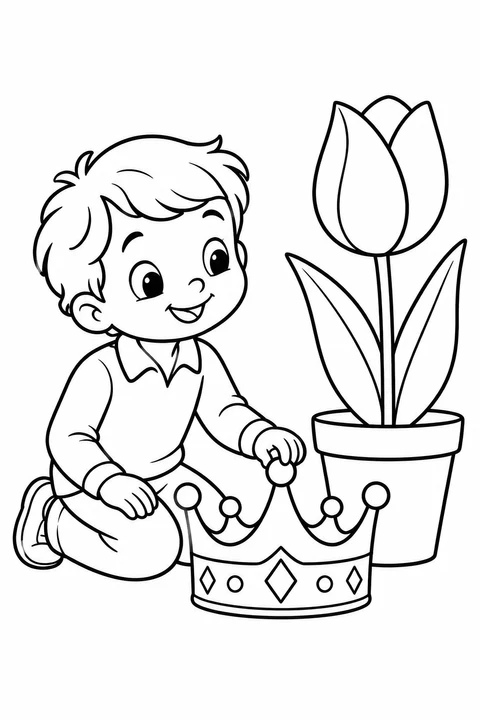 Boy with a Crown and Tulip, printable black-and-white coloring illustration.