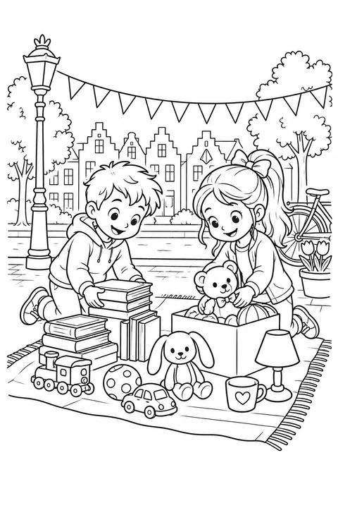 Children’s King’s Day Market, printable black-and-white coloring illustration.