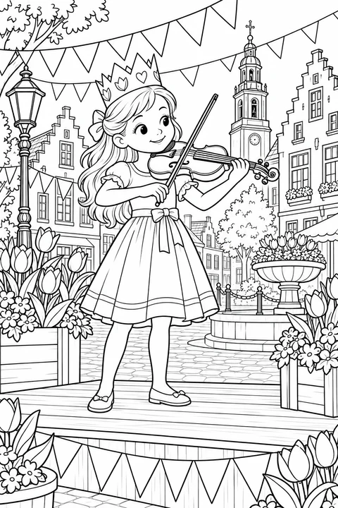 A girl in a paper crown plays the violin on a small stage framed by tulips, bunting and Dutch gabled houses.