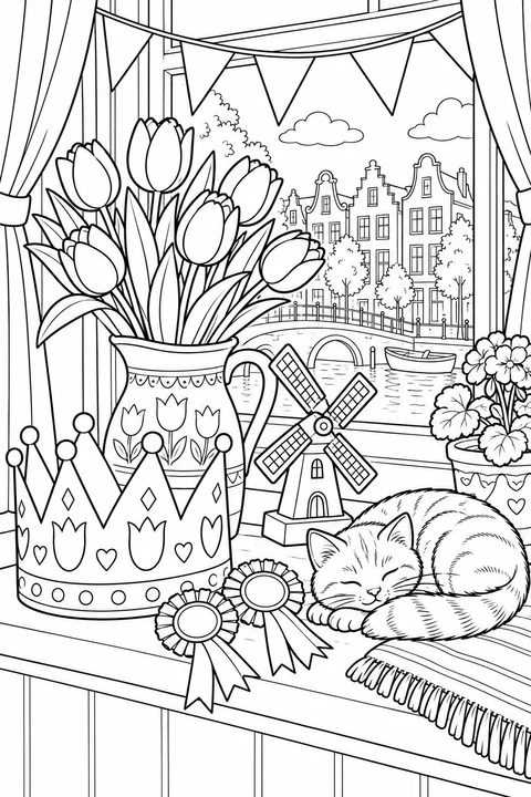 A sleeping cat curls beside a paper crown, tulips, ribbon rosettes and a model windmill, with canal houses outside the window.