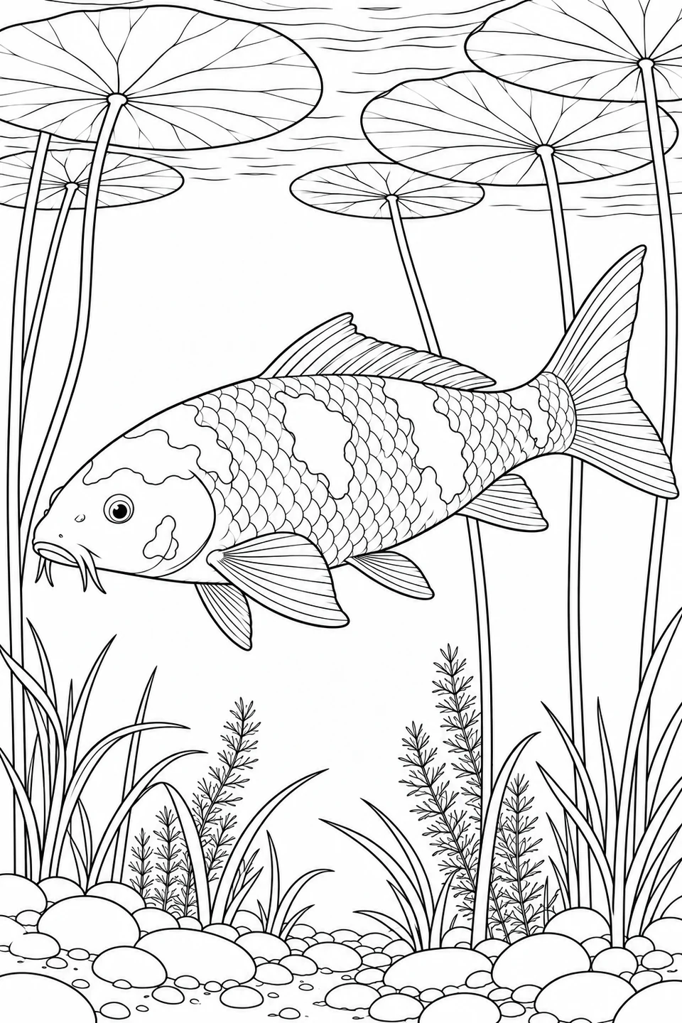 Ein großer Koi schwimmt unter runden Lotusblättern zwischen langen Stängeln, Wasserpflanzen und glatten Kieseln.