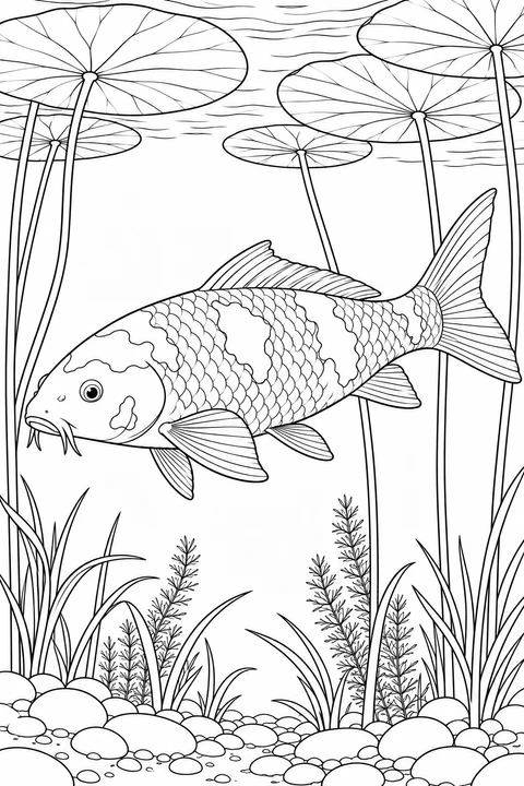 A large koi swims beneath round lotus leaves, among long stems, pond plants and smooth pebbles.