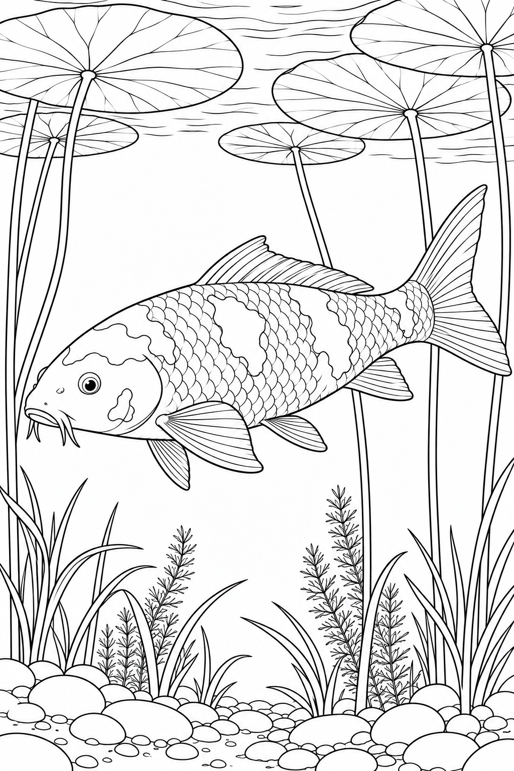 A large koi swims beneath round lotus leaves, among long stems, pond plants and smooth pebbles.