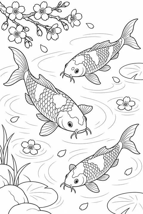 Three koi swim beneath a flowering cherry branch, with blossoms and petals floating on gentle ripples.
