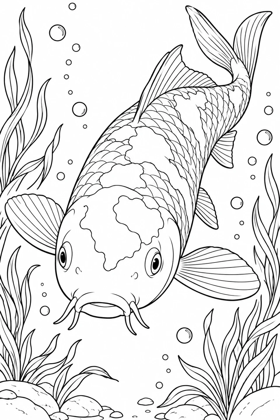 A koi swims toward us with spread fins and four mouth barbels, framed by pond plants and bubbles.