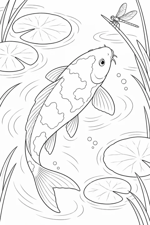 A koi swims toward a reed where a dragonfly rests, among lily pads and small bubbles.